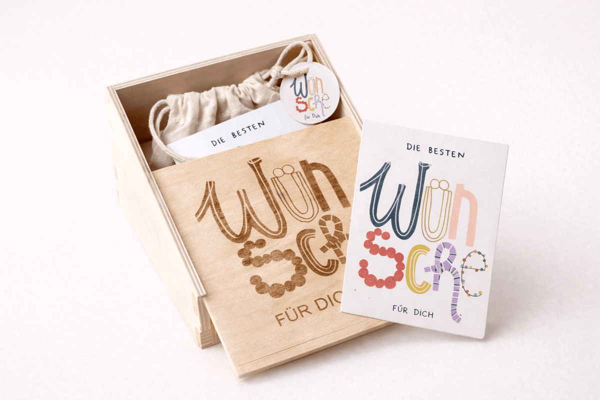 Holzkästchen - Wünschebox für Kinder - mit Karten zum Ausfüllen