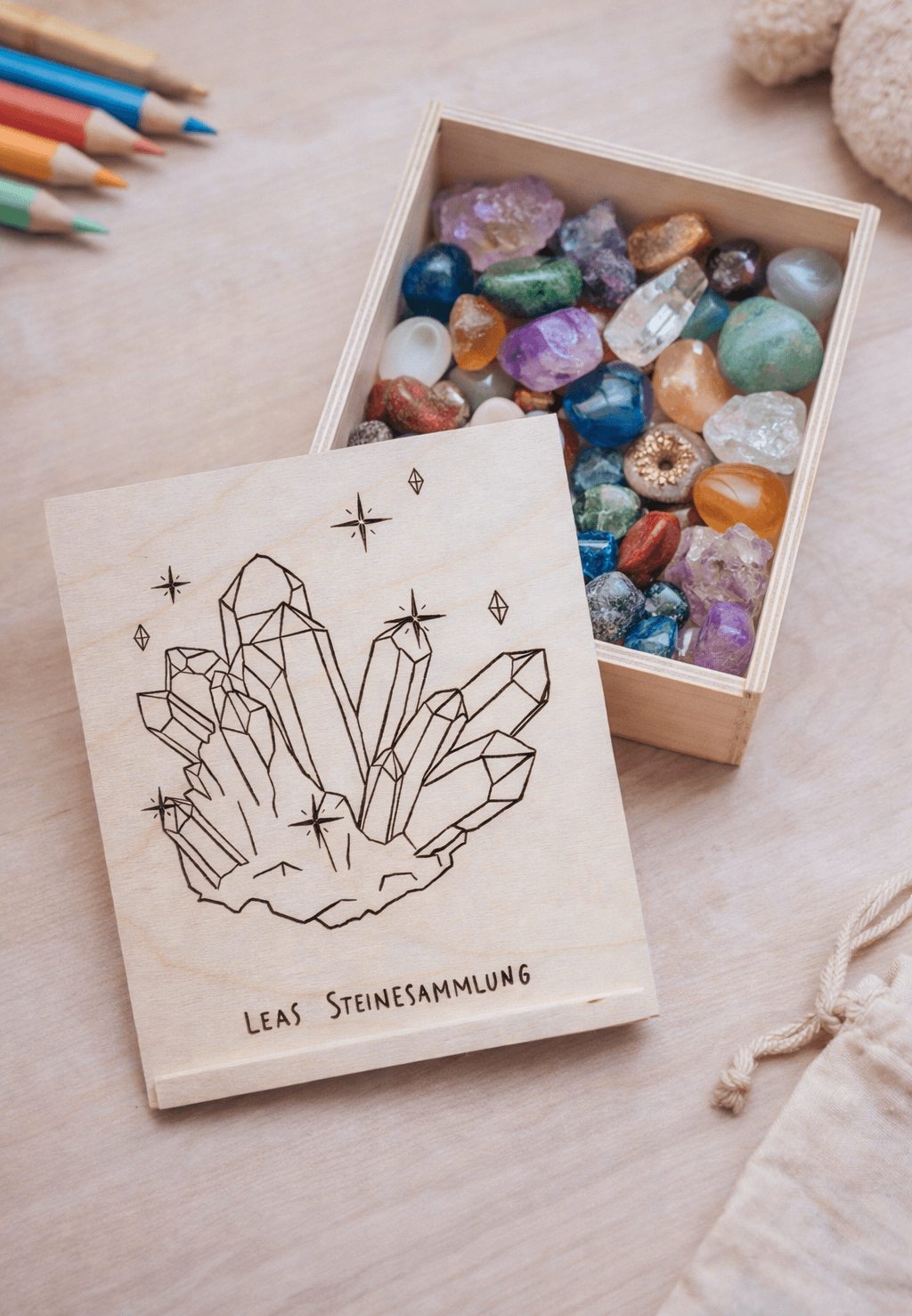 graviertes Holzkästchen für Kinder - Steinsammlung
