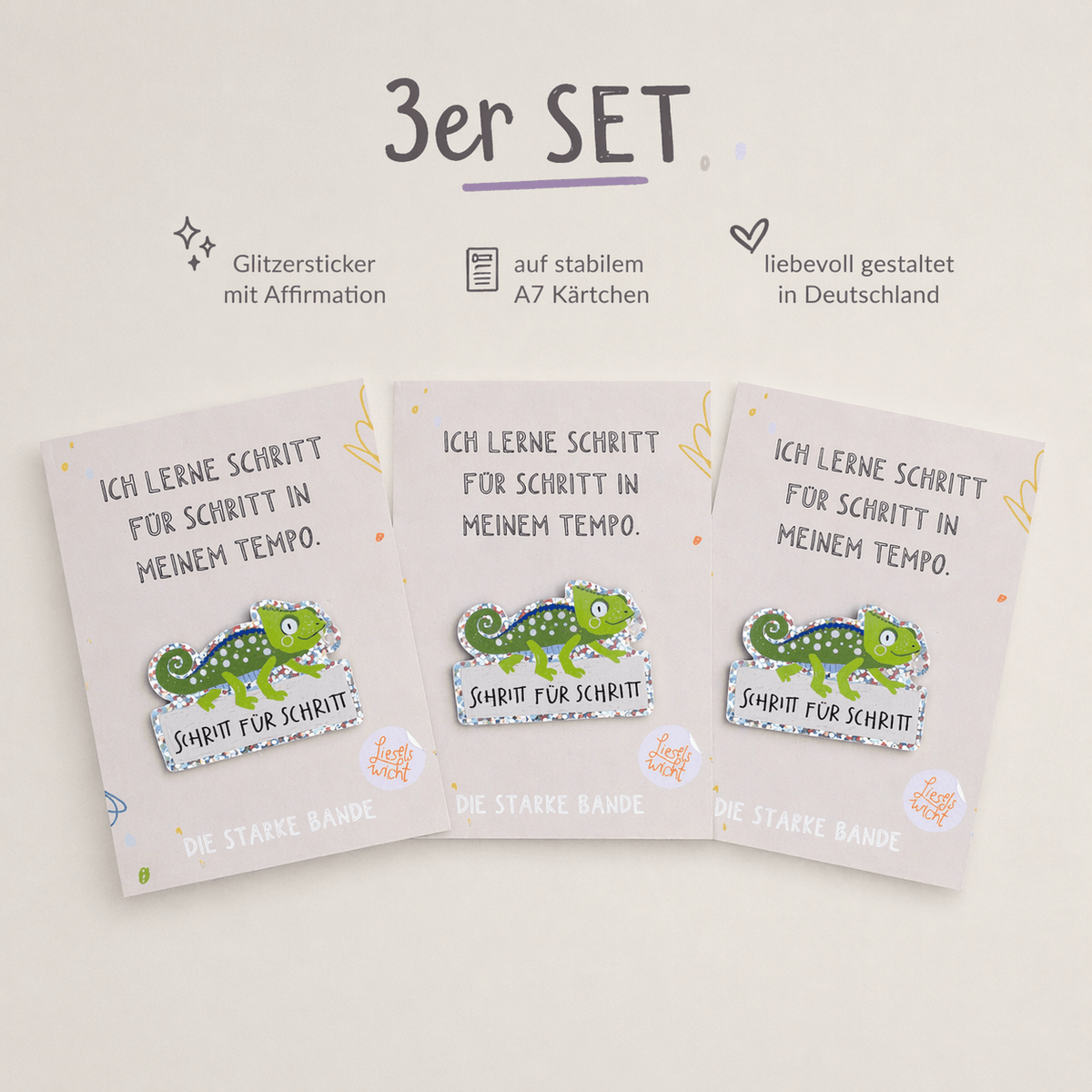 Glitzersticker mit Affirmation im 3er Set – A7 Kärtchen „Ich lerne Schritt für Schritt“ – Mutmacher für Kinder