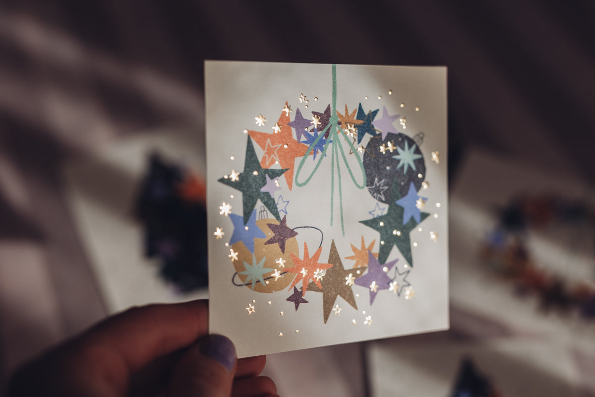 Weihnachtskarte - Kranz Sterne - quadratisch klein