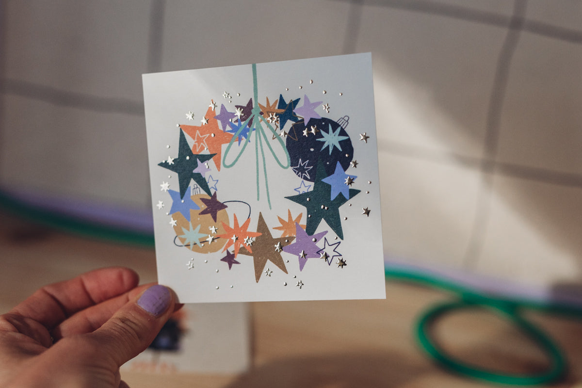 Weihnachtskarte - Kranz Sterne - quadratisch klein