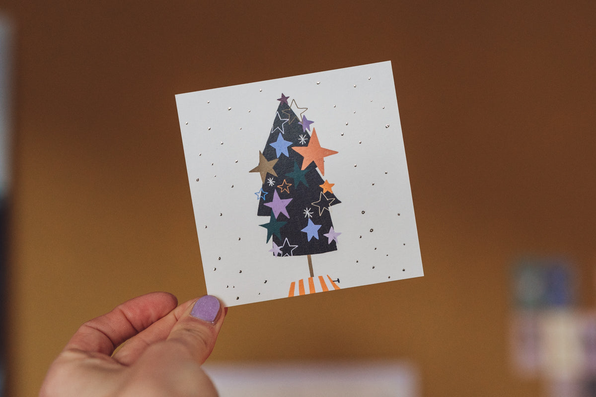 Weihnachtskarte - Tanne Sterne - quadratisch klein