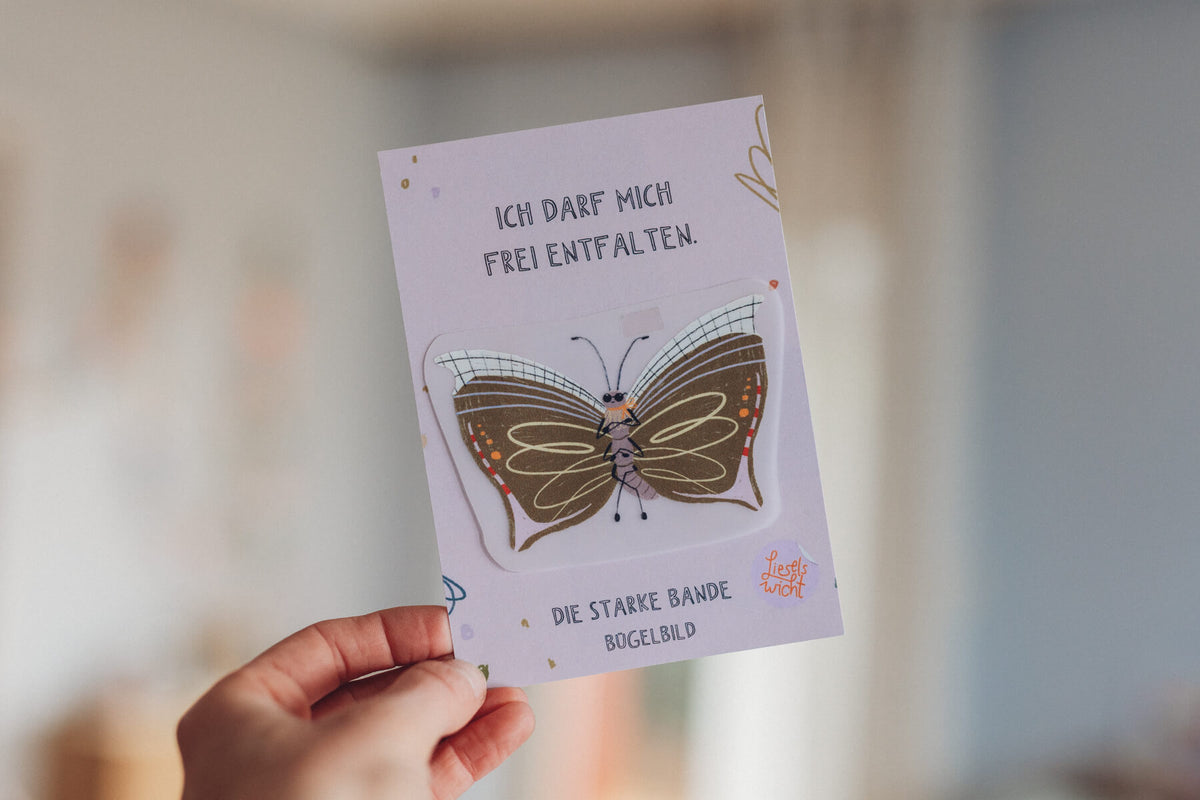 Bügelbild mit Affirmation - Schmetterling - die starke Bande