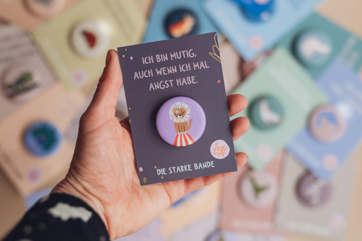 Button mit Affirmation - Löwe - Ich bin mutig - die starke Bande