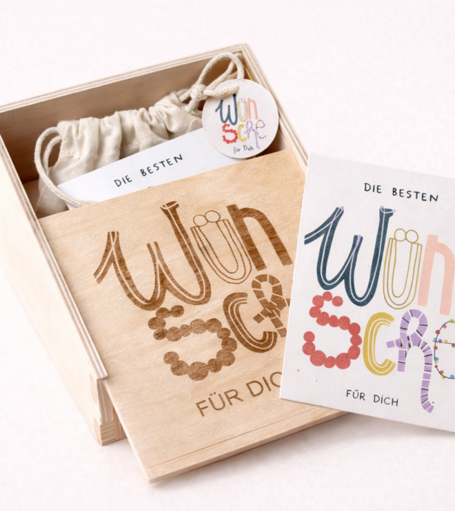 Holzkästchen - Wünschebox für Kinder - mit Karten zum Ausfüllen