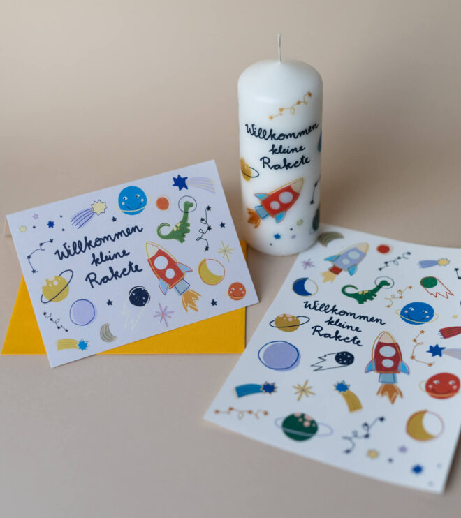 Geschenkeset - Kerzensticker Rakete + Klappkarte