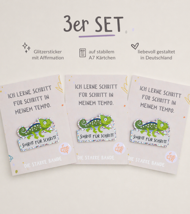 Glitzersticker mit Affirmation im 3er Set – A7 Kärtchen „Ich lerne Schritt für Schritt“ – Mutmacher für Kinder